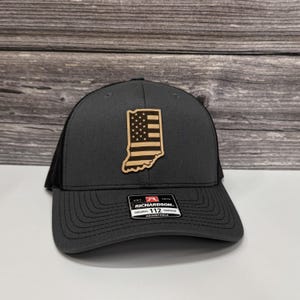 Indiana Flag Hat Leather Patch, Patriotic Trucker Cap (Snapback Adjustable, Structured Crown, Genuine Leather Patch)