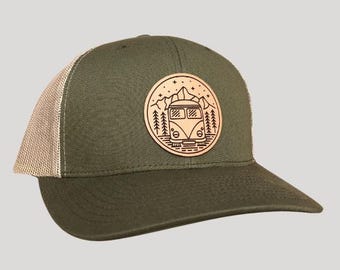 VW Bus Mountain Scene Leather Patch Hat – 208tees