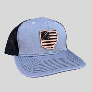 Ohio Flag Hat Genuine Leather Baseball Cap - State Pride Design, Breathable Mesh Back, Adjustable Snapback Closure