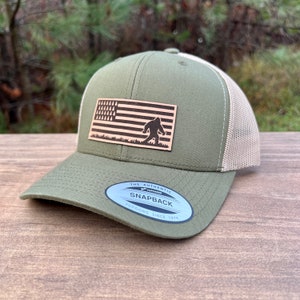 Patriotic Bigfoot Hat, Camping Hat, Sasquatch Hats, Bigfoot Gift, Snapback Hat, GIft for Men, Gift for Dad, American Flag Hat