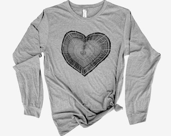 Tree Trunk Heart Long Sleeve Shirt, Forest Nature, Camping, Mountains, Wanderlust Shirt, Nature Clothing, Hiking Shirt, Nature Lover Shirt