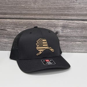 State Alaska Flag Hat: Leather Patch, Bass Fish Design | Structured Trucker, Adjustable Snapback | Outdoor Fishing Cap