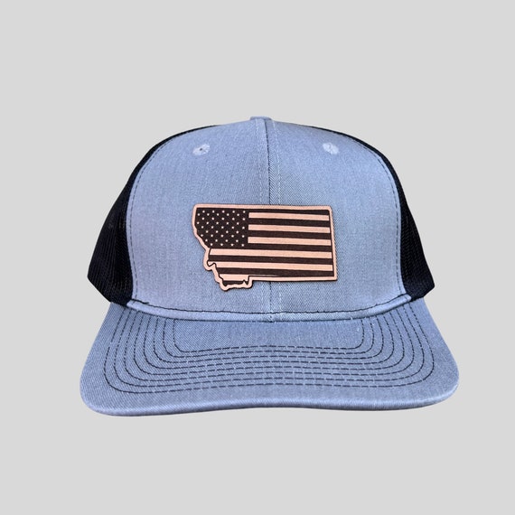 Montana Flag Hat, American Flag , MT Snapback Hat, Leather Patch