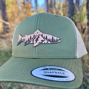 Fish Nature Scene Hat | Snapback Hat | Dad Trucker Hat | Fisherman Hat | Dad Leather Patch Hat | Dad Christmas Gift | Fishing Patch Hat