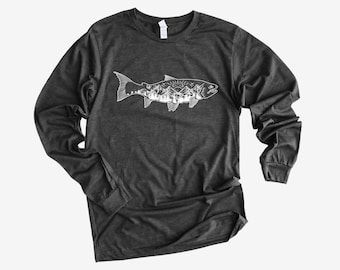 Fish Long Sleeve Tee © Fish Shirts, Salmon Shirt, Fishing Gift, Fly Fisherman, Gift for Fisher, Alaskan Salmon Fishing, Gift for Dad Men
