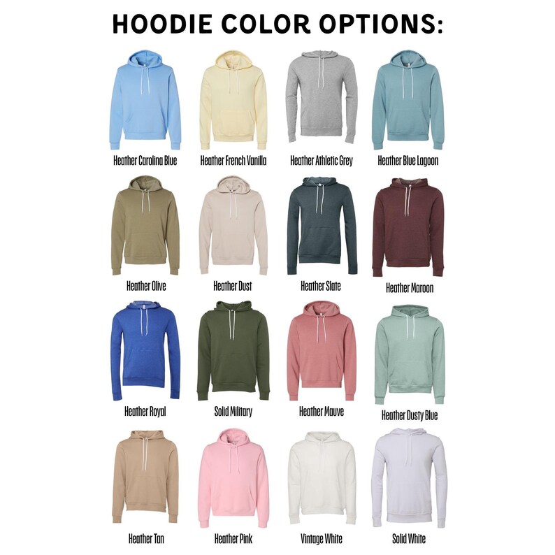 a collection of 16 hoodie designs in various colors, including blue, yellow, gray, olive, brown, pink, white, and vintage.