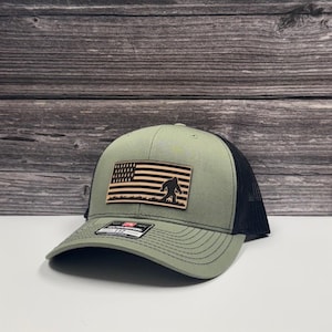 Bigfoot Forest Flag Leather Patch Hat - American Flag Design with Breathable Mesh