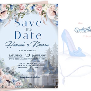 Editable SAVE THE DATE, Cinderella theme Wedding Announcement, dusty rose floral, romantic castle, diy edit print, digital download, 17W-std