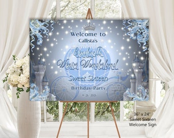 Editable Cinderella SWEET SIXTEEN WINTER Welcome Sign, 24&quot;x36&quot;, Sweet 16 Birthday, dusty blues, diy edit print, digital download 17-s16ws(3)