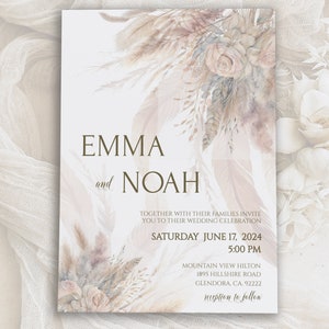 Editable BOHO WEDDING INVITATION, pampas grass, soft earth tone  floral, rustic fall wedding, digital download, diy edit & print, 31(a)W-wi