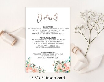 Editable WEDDING DETAILS CARD, 3.5"x5" floral Wedding Insert card, blush peach wedding set, digital download, diy edit and print,  3-dc