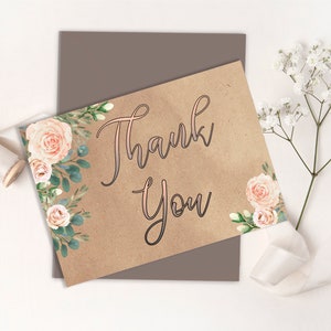 GRACIAS tarjeta rústica de inserción de boda, floral rosa melocotón rubor en kraft 5x3.5 Gracias, descarga instantánea, plantilla editable imprimible 3K-TY