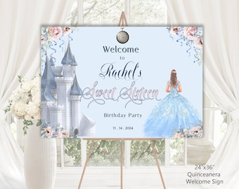 Editable CINDERELLA SWEET SIXTEEN Welcome Sign, Sweet 16 Birthday, dusty rose florals, diy edit print, digital download, 17-s16(a)ws