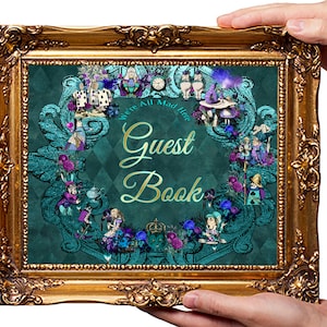 GUEST BOOK Wedding Sign, Alice in Wonderland, Dark Alice Tea Party Theme, diy edit print, custom font, no frame, instant download, 48W-gb
