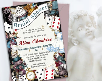 Op de afbeelding: Een bruidsdouche-uitnodiging met een Alice in Wonderland-thema met een zwarte achtergrond en kleurrijke illustraties van personages en speelkaarten. De tekst luidt "Bridal Shower", "You're not too late for a very important date celebrating the bride to be Alice Cheshire", "Saturday September 22 8:00 PM", "2233 Wonderland Racquet Club Woodland Hills, Ca 92888", "RSVP Maddie Hatter Maddie@gmail.com", en "Alice is registered at Target & Amazon.com".