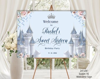 Editable CINDERELLA SWEET SIXTEEN Welcome Sign, Sweet 16 Birthday, dusty rose florals, romantic, diy edit print, digital download, 17-s16ws