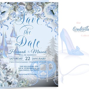Bewerkbare SAVE THE DATE, Assepoester thema trouwaankondiging, stoffige blauwe bloemen, romantisch, diy edit print, digitale download, 17W-std(6)