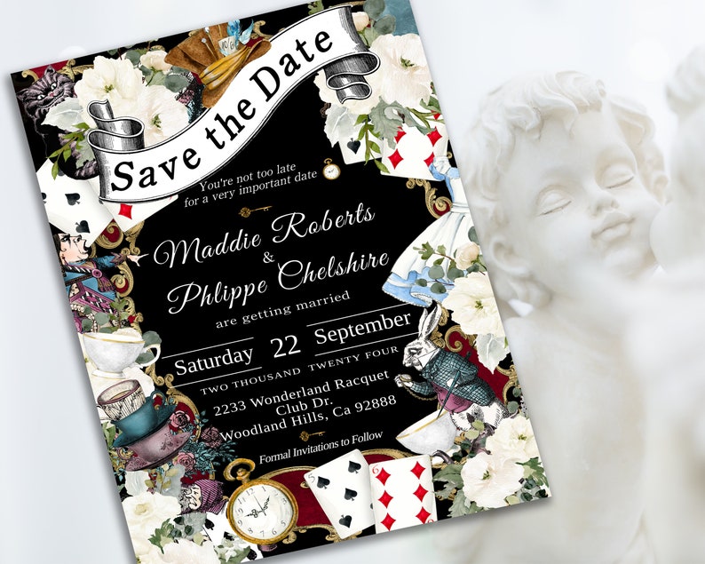 Editable SAVE THE DATE Announcement Alice in Wonderland Whimsical Themed Invitation diy edit print elegant font instant