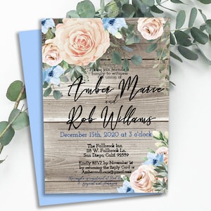 Editable WEDDING INVITATION, rustic blush pink peach wedding template, blue floral wedding, digital download, diy edit print wedding, 19P-wi