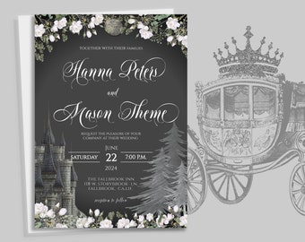 Editable WEDDING INVITATION, Cinderella theme Wedding template, black & white, romantic castle, diy edit print digital download, 17W-std(5)