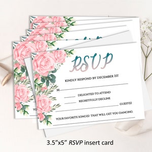 Editable RSVP Insert card, pink roses & eucalyptus Wedding Invitation Reply, 5&quot;x3.5&quot; insert card, digital download, diy edit print 5W-rsvp