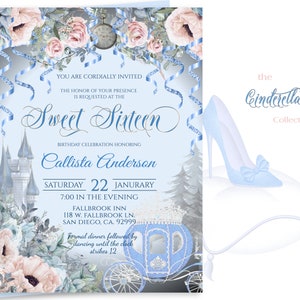 Convite de aniversário editável CINDERELLA SWEET SIXTEEN, doce 16 florais rosa empoeirados, castelo azul, impressão de edição diy, download digital, 17-s16(7)