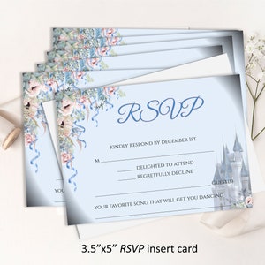 May include: A light blue RSVP card with a watercolor floral design and a castle illustration. The card has a section for guests to indicate whether they will attend or decline the invitation. It also asks for their favorite song to get everyone dancing. The card measures 3.5 inches by 5 inches.