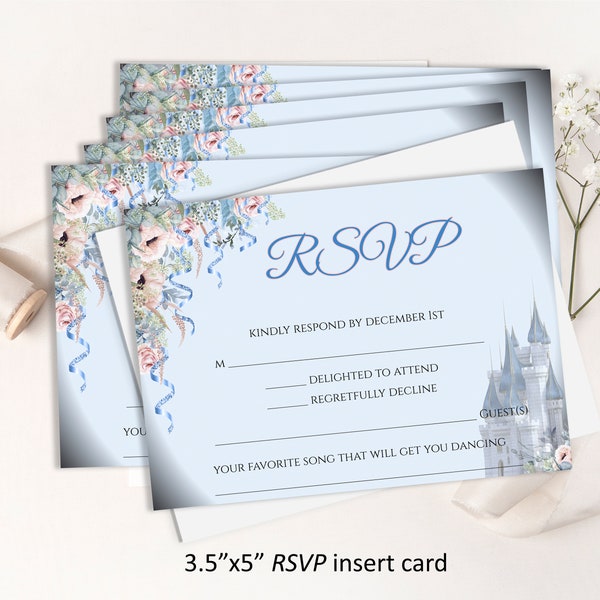 Editable WEDDING RSVP card, 3.5"x5" Wedding reply card, matches my "Cinderella Theme" Invitations, digital download, diy edit print, 17-rsvp