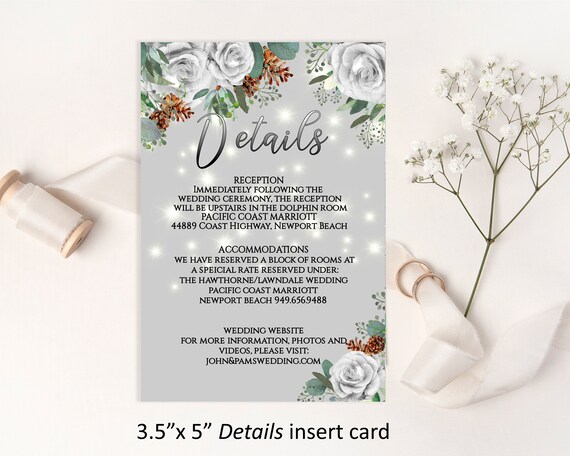 Editable WEDDING DETAILS CARD, 3.5x5 White Floral Wedding Insert.
