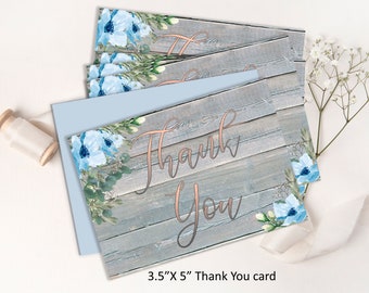 THANK YOU rustic Wedding Insert card, blush blue floral 5x3.5 Thank You, digital download, printable editable thank you template 11P-TY