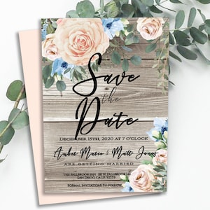 Anúncio editável SAVE THE DATE, modelo de casamento rústico, impressão de edição diy, florais rosa pêssego azul blush, download digital, 19P-std