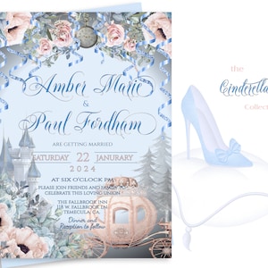 Bearbeitbare HOCHZEITSEINLADUNG, Cinderella Thema Hochzeit Kartenvorlage, dusty rose & blues, romantisch, diy bearbeiten Druck, digitaler Download, 17W-wi