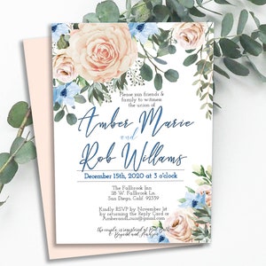 Bearbeitbare HOCHZEITSEINLADUNG, blush pink peach & blue florals, Hochzeitsvorlage, digitaler Download, diy edita and print card, 19-WI