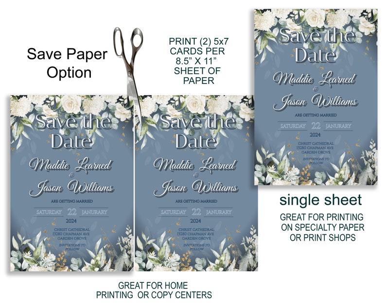 Editable SAVE THE DATE Announcement, Dusty Blue White Rose Floral ...