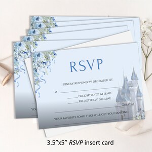 May include: A blue and white RSVP card with a watercolor design of a castle and flowers. The card includes the text "RSVP", "Kindly respond by December 1st", "Delighted to attend", "Regretfully decline", "Guest(s)", and "Your favorite song that will get you dancing". The card measures 3.5 inches by 5 inches.