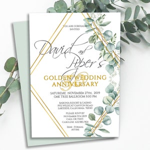 Invitación editable del 50.º ANIVERSARIO DE ORO DE BODAS, plantilla de tarjeta de boda con vegetación de eucalipto, invitación imprimible con descarga digital, 14 wa