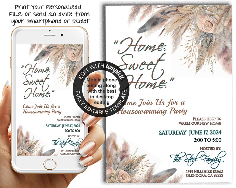 Boho Housewarming Invitation, Pampas Grass, Editable (digital Download ...