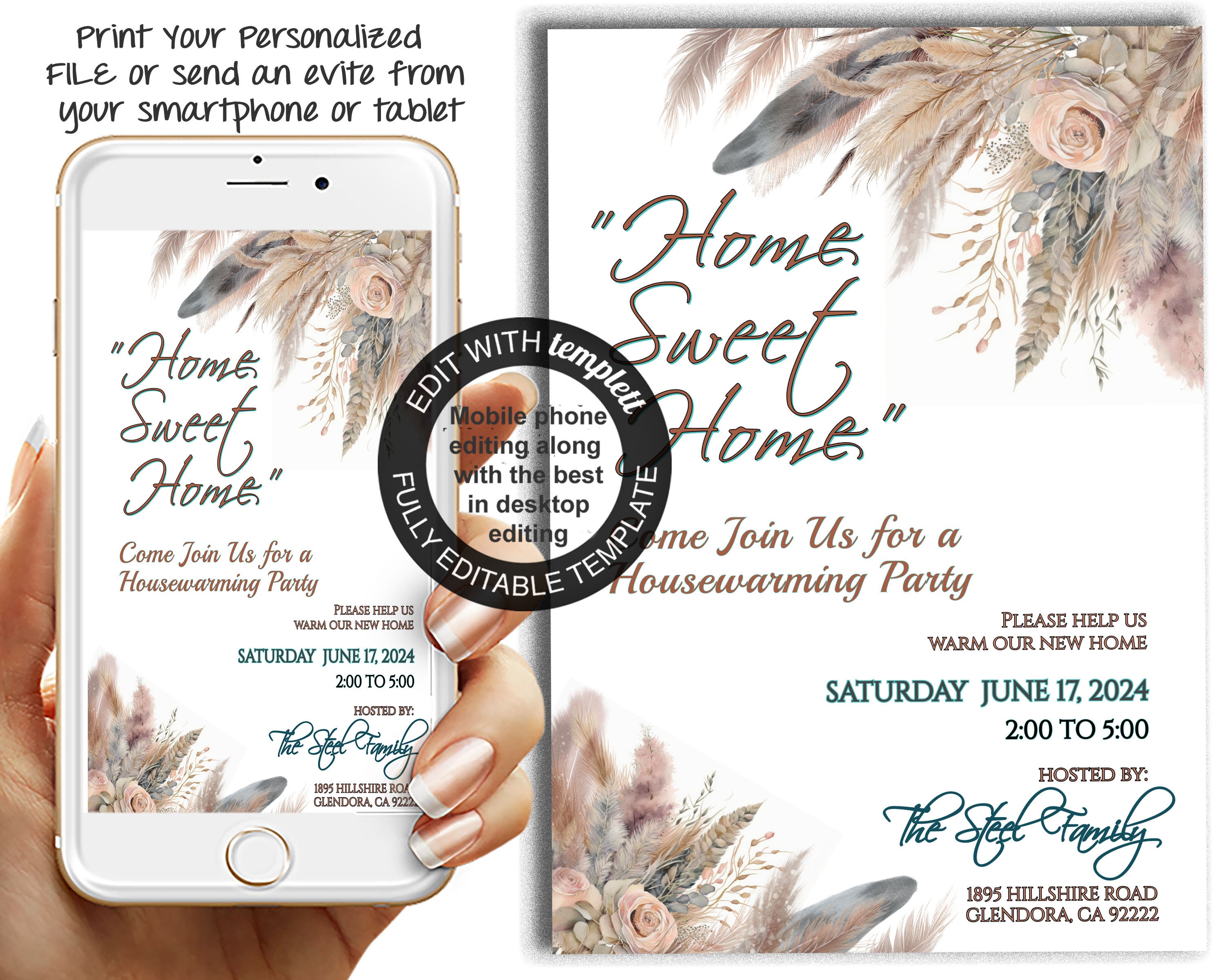 Boho Housewarming Invitation, Pampas Grass, Editable (digital Download ...