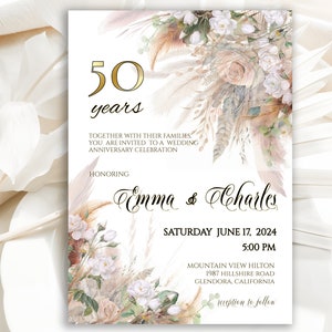 Edytowalne zaproszenie boho na 50. ROCZNICĘ ŚLUBU, trawa pampasowa, rustykalne kwiaty w odcieniach ziemi, edycja i wydruk DIY, pobieranie cyfrowe, 31(a)W-50th