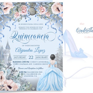 Invitación editable a FIESTA DE CUMPLEAÑOS DE QUINCEANERA, celebración temática de Cenicienta, impresión de edición diy, fuente elegante personalizada, descarga digital, 17-q(2)