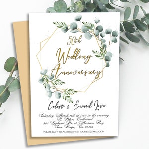 Bearbeitbare 50th WEDDING GOLDEN Jubiläum Einladung, Eukalyptus Grün Jubiläum Kartenvorlage, digitaler Download, diy bearbeiten Druck 6-WA