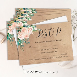 Tarjeta de inserción RSVP editable, melocotón rubor floral Tarjeta de respuesta de boda papel kraft tarjeta de inserción de 5"x3.5", descarga digital, impresión de edición diy, 3K-rsvp