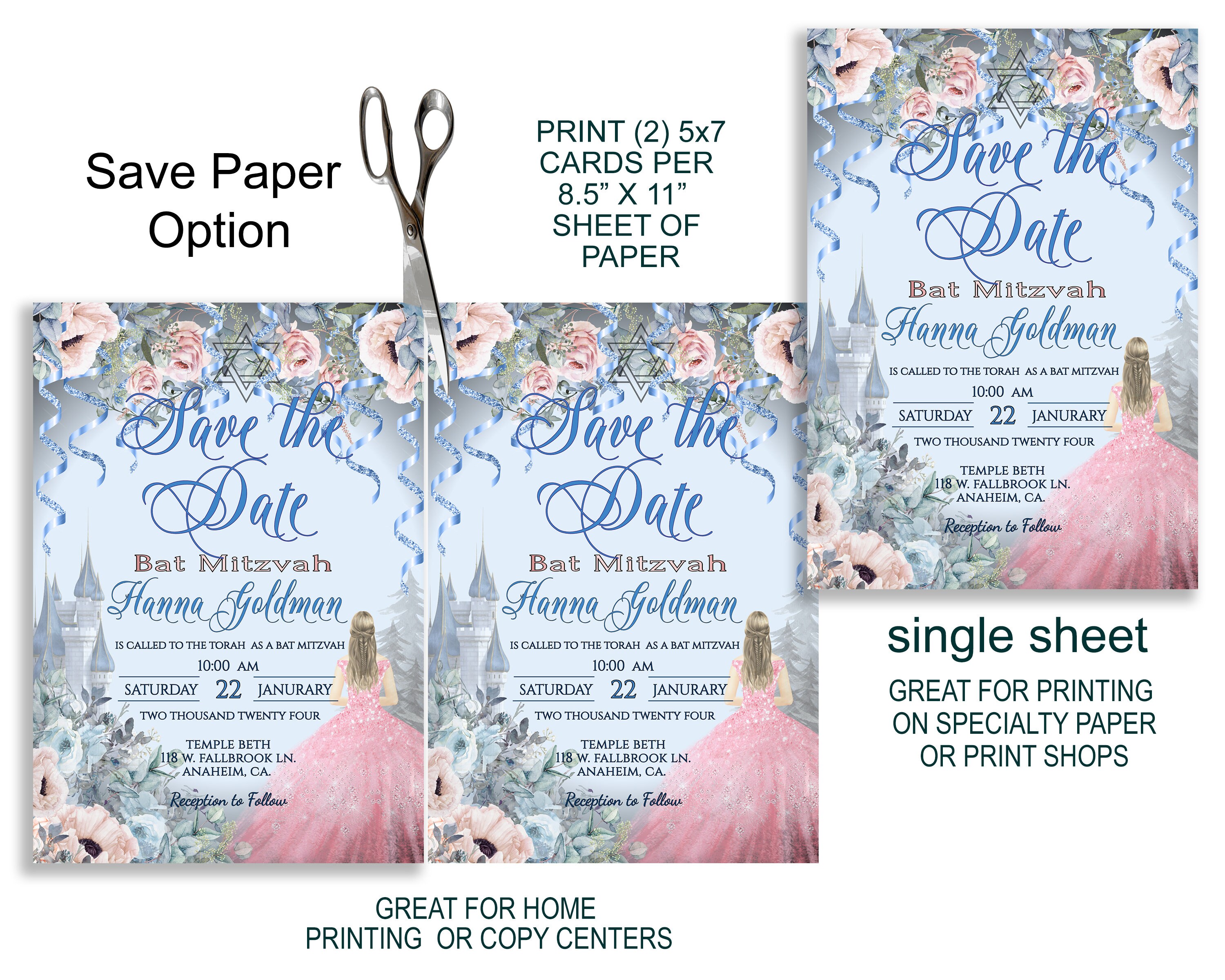 Editable SAVE THE DATE Bat Mitzvah Announcement, Romantic Cinderella ...
