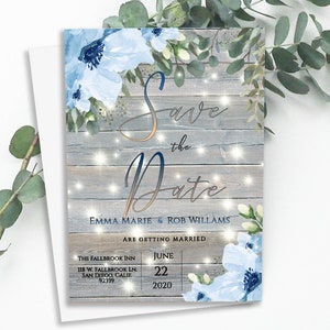 Bearbeitbare SAVE THE DATE Ankündigung, rustikale Save the Date Vorlage, druckbare Scheunenhochzeit blau & weiß mit Blumen, digitaler Download, 11Pwin-std