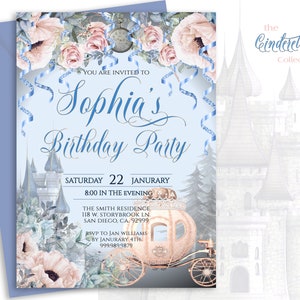 Convite editável para FESTA DE ANIVERSÁRIO, tema Cinderela, florais rosa empoeirados, impressão de edição diy, fontes românticas elegantes, download digital, 17 bp