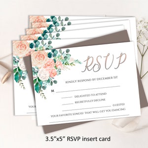 Editable WEDDING RSVP Insert card, floral blush pink peach Wedding REPLY Card 5&quot;x3.5&quot; insert card, digital download, diy edit print, 3-rsvp