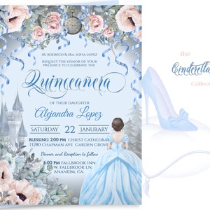 Convite editável para FESTA DE ANIVERSÁRIO DE QUINCEANERA, celebração do tema Cinderela, impressão de edição diy, fonte elegante personalizada, download digital, 17-q(4)