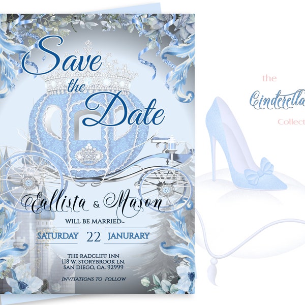 Editable SAVE THE DATE,  Cinderella theme Wedding Announcement, dusty blue florals, romantic, diy edit print, digital download, 17W-std(1)