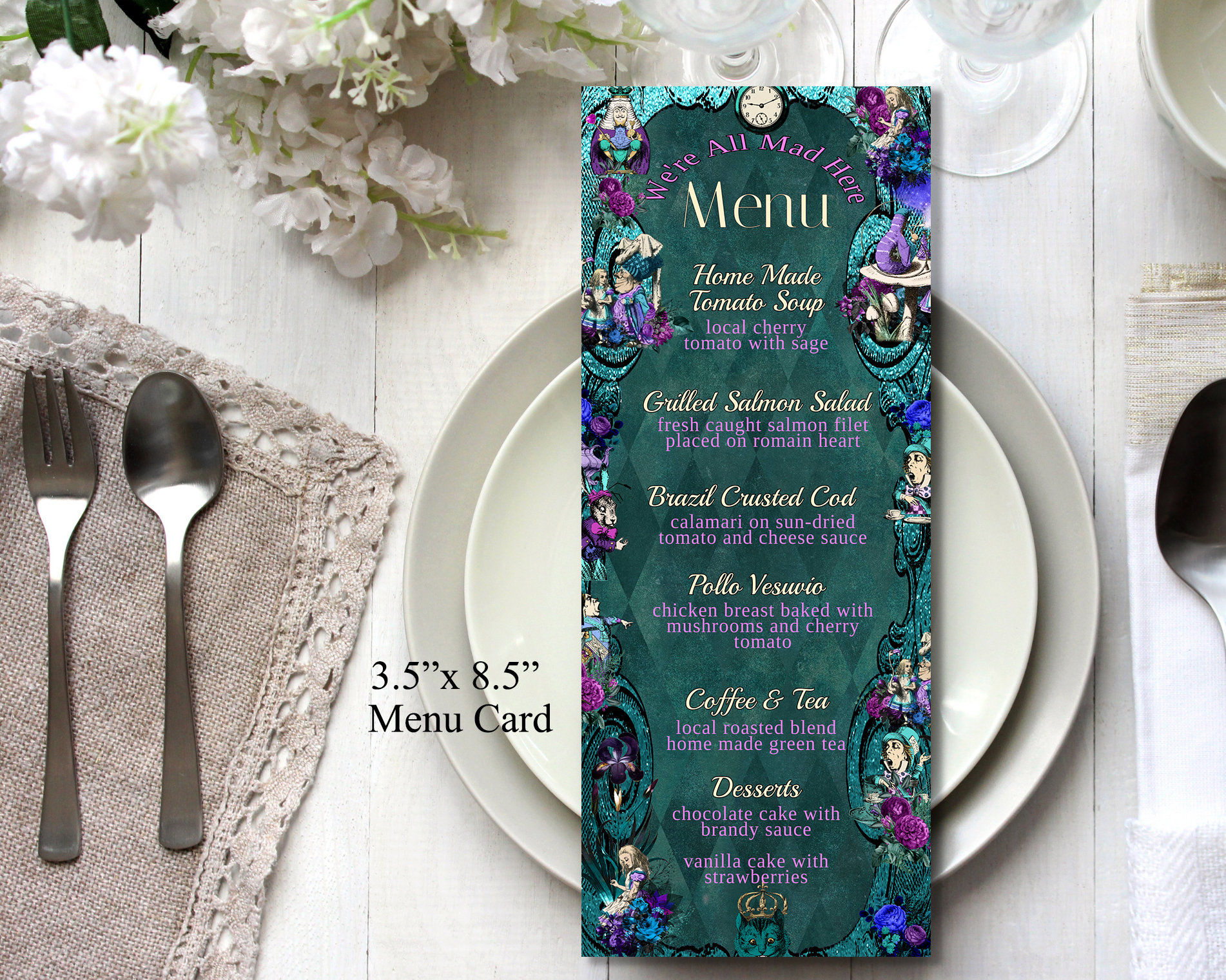 Editable DINNER MENU Card, Dark Alice in Wonderland Theme, Tea Party ...