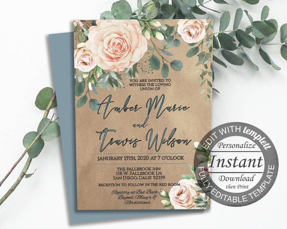 Editable WEDDING INVITATION Rustic Kraft Paper blush Pink Peach